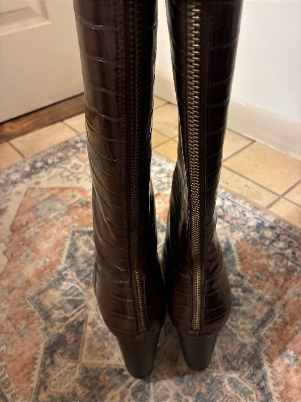 Anne Klein Dark Brown Croc-Embossed Over-the-Knee Boots - Picture 3 of 7